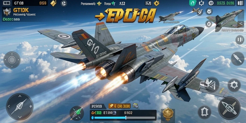 Tampilan antarmuka GT108 dengan pesawat terbang dan aksi pertempuran.