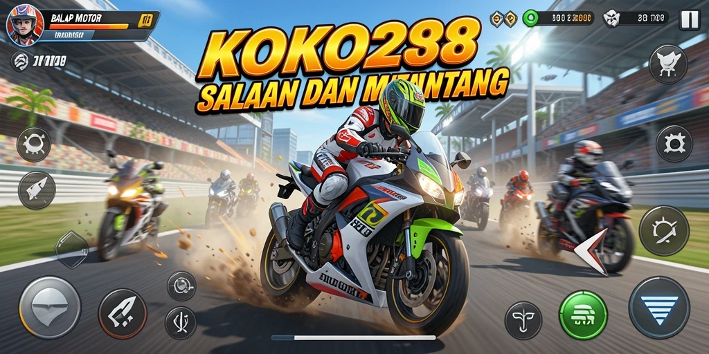 Antarmuka permainan KOKO288 dengan grafis balap motor yang memukau.