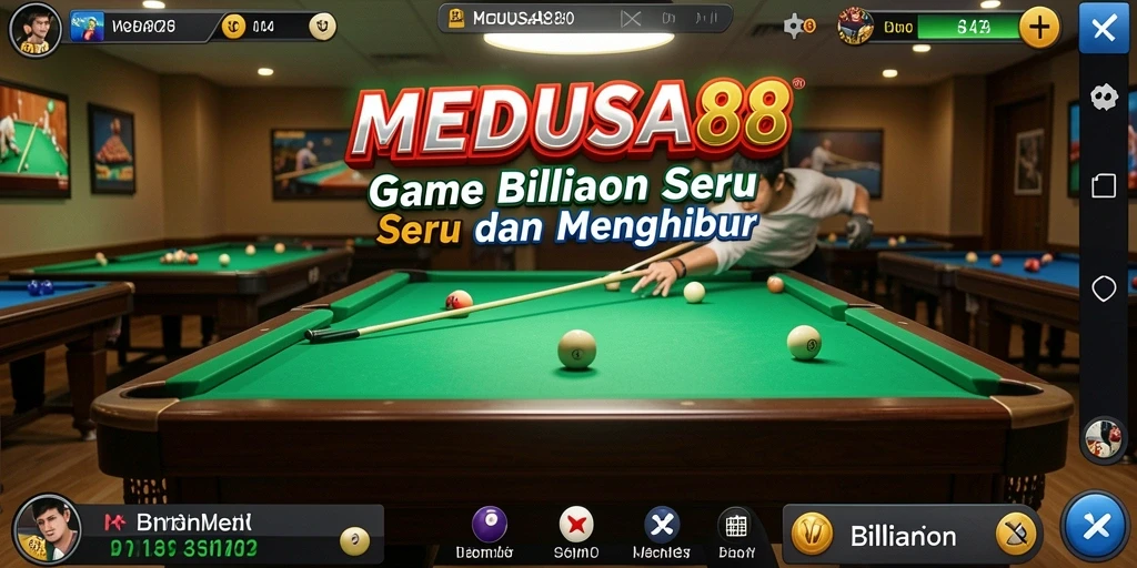 Screenshot utama MEDUSA88 menunjukkan tampilan permainan billiard yang menarik.