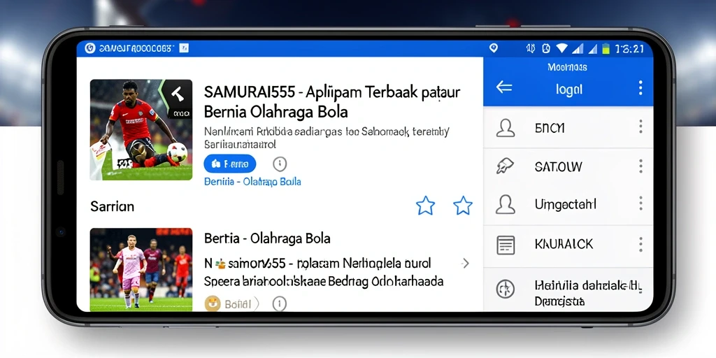 Tampilan antarmuka aplikasi SAMURAI555 dengan berita olahraga bola.