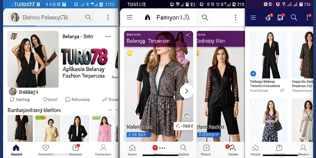 Antarmuka modern dan fungsional dari aplikasi TURBO78 untuk belanja fashion.